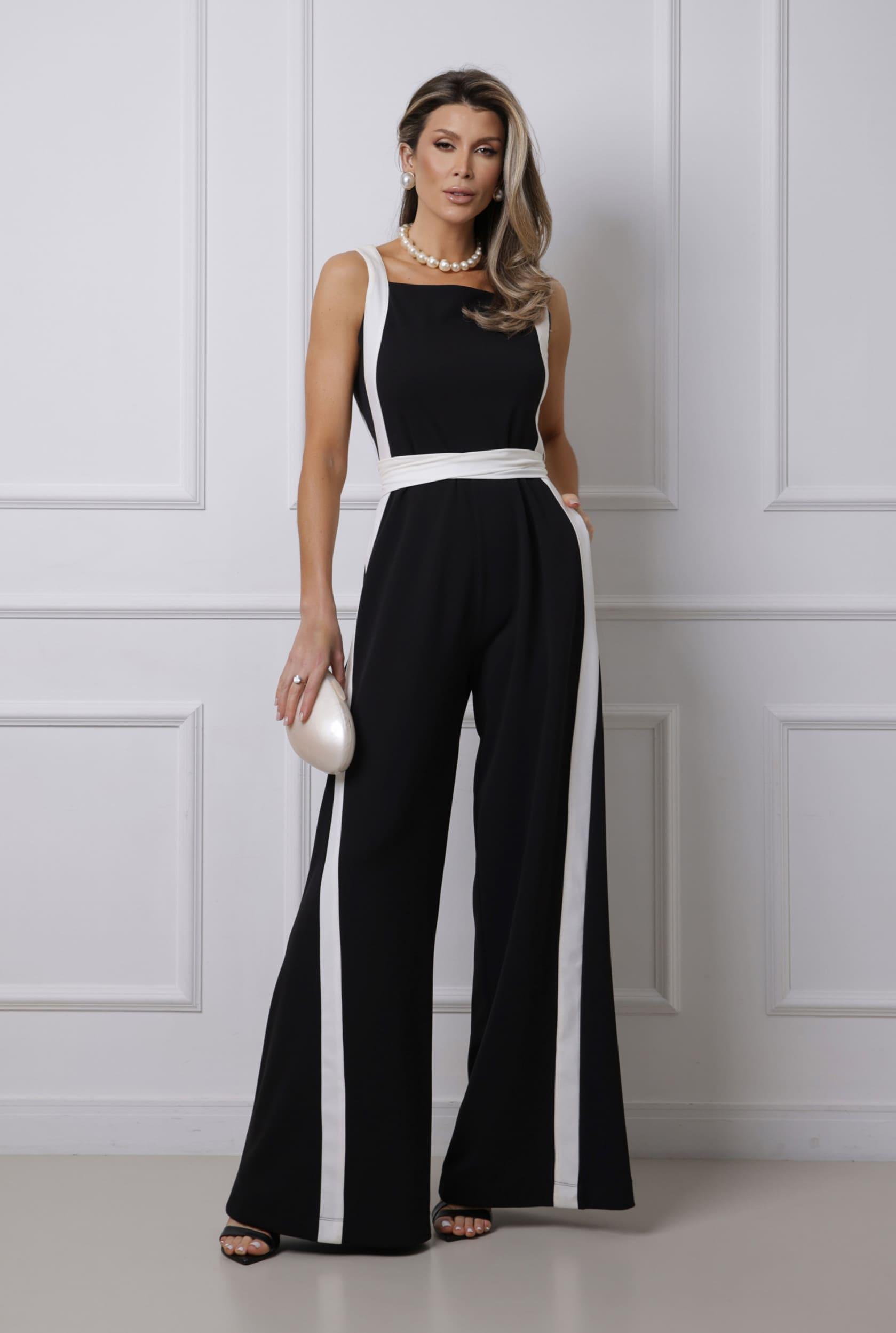 TONAGE Black Scuba Jumpsuit with Off-White Trim - SATIN | Brazilian Luxury Fashion