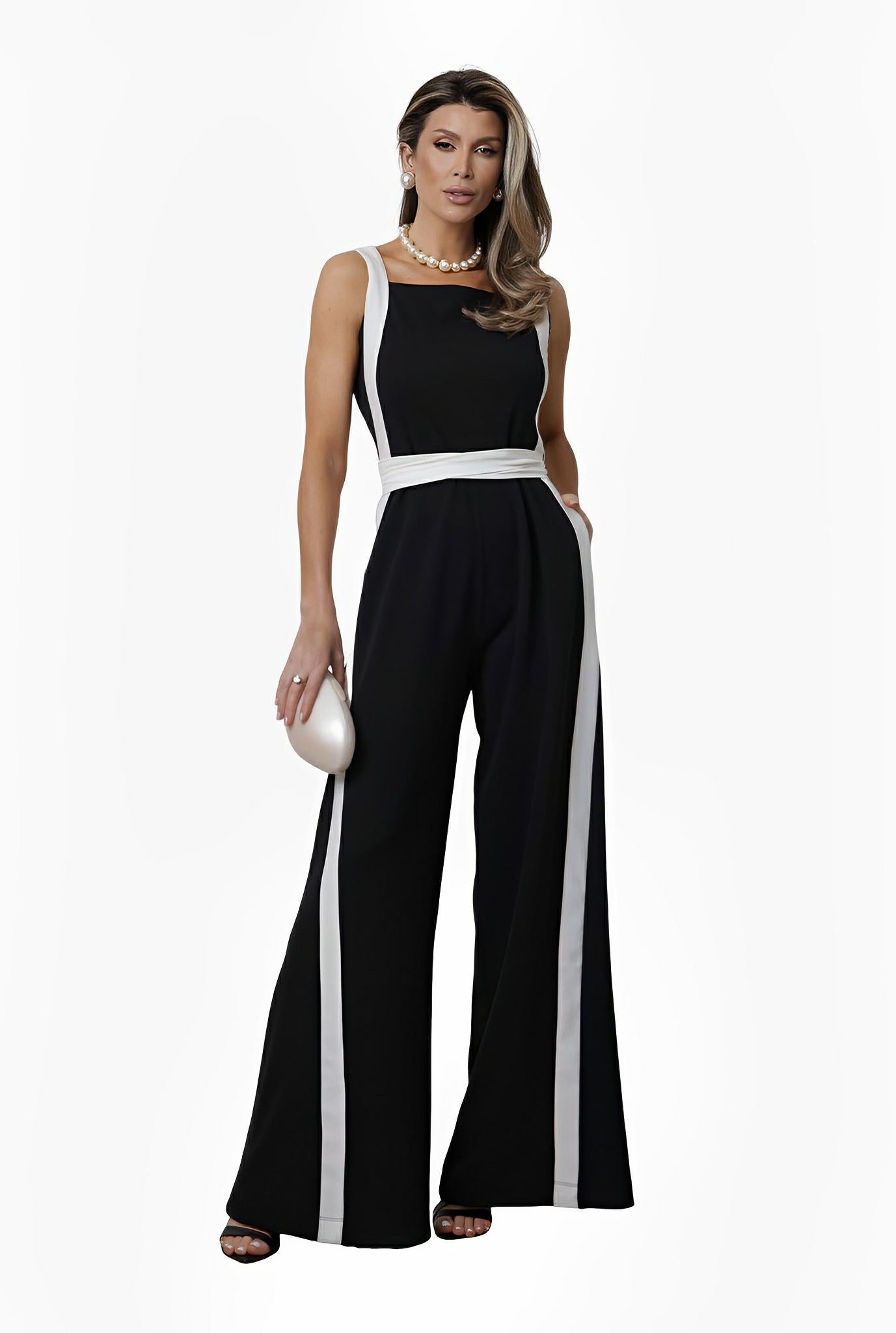 SATIN | Brazilian Luxury Fashion TON AGE TONAGE Black Scuba Jumpsuit with Off-White Trim