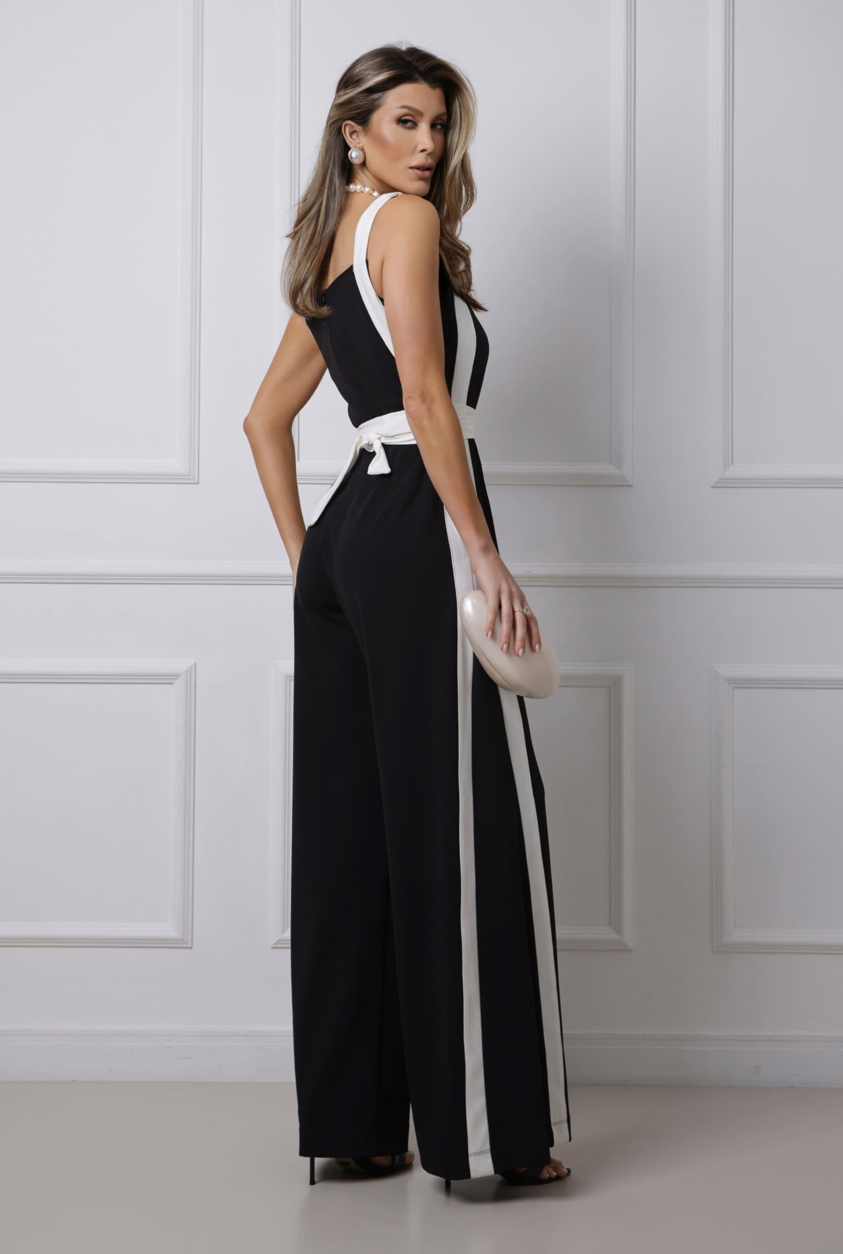 TONAGE Black Scuba Jumpsuit with Off-White Trim - SATIN | Brazilian Luxury Fashion