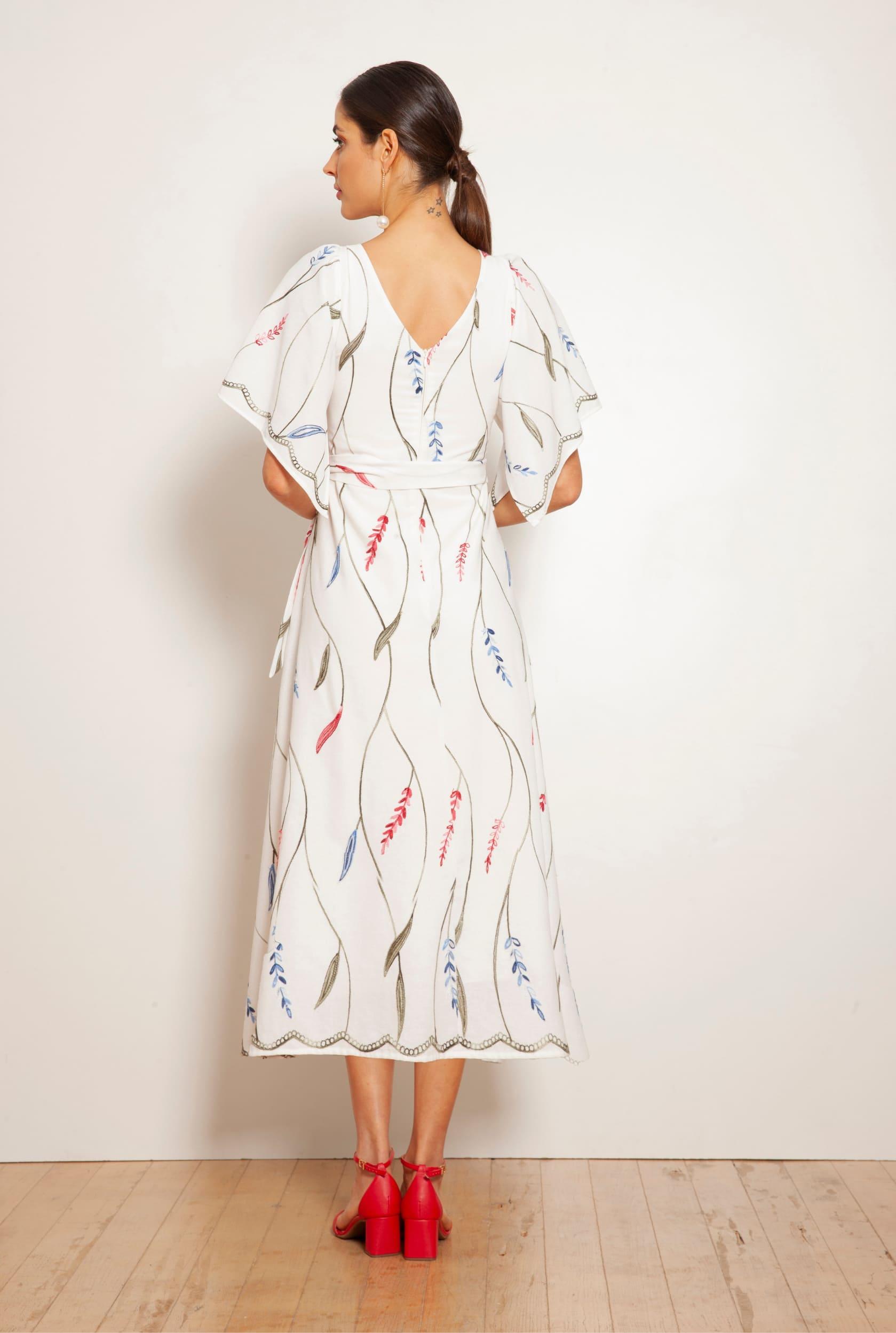 TONAGE Off-White Linen Dress with Red, Green, and Blue Leaf Embroidery - SATIN | Brazilian Luxury Fashion