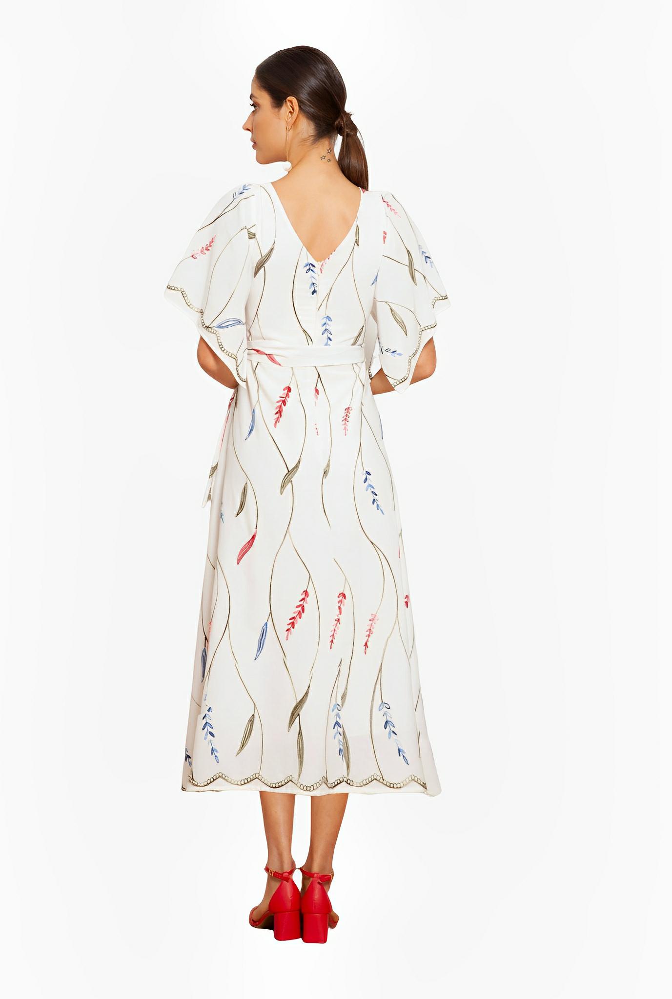 SATIN | Brazilian Luxury Fashion TON AGE TONAGE Off-White Linen Dress with Red, Green, and Blue Leaf Embroidery