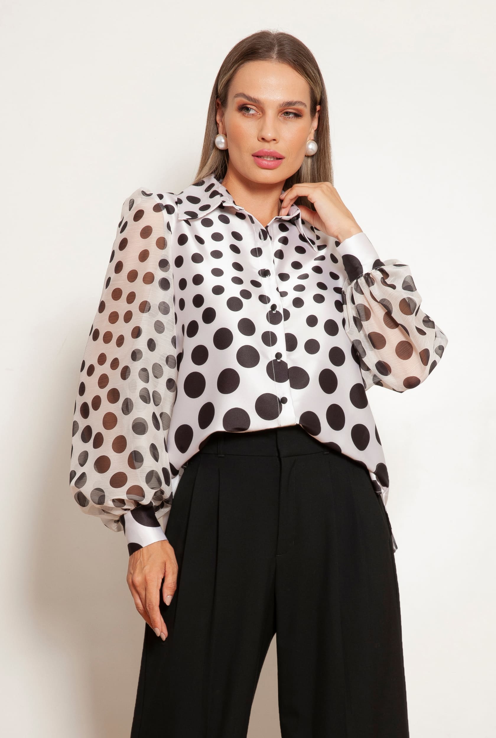 TONAGE Black and White Polka Dot Gloss Shirt - SATIN | Brazilian Luxury Fashion