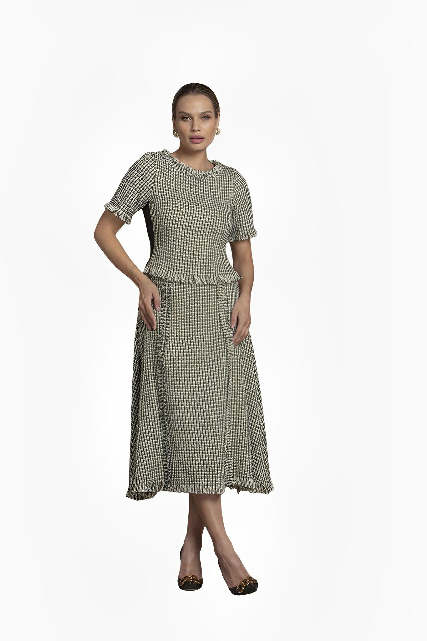 SATIN | Brazilian Luxury Fashion TON AGE TONAGE Black and Off-White Copenhagen Tweed Skirt with Golden Threads