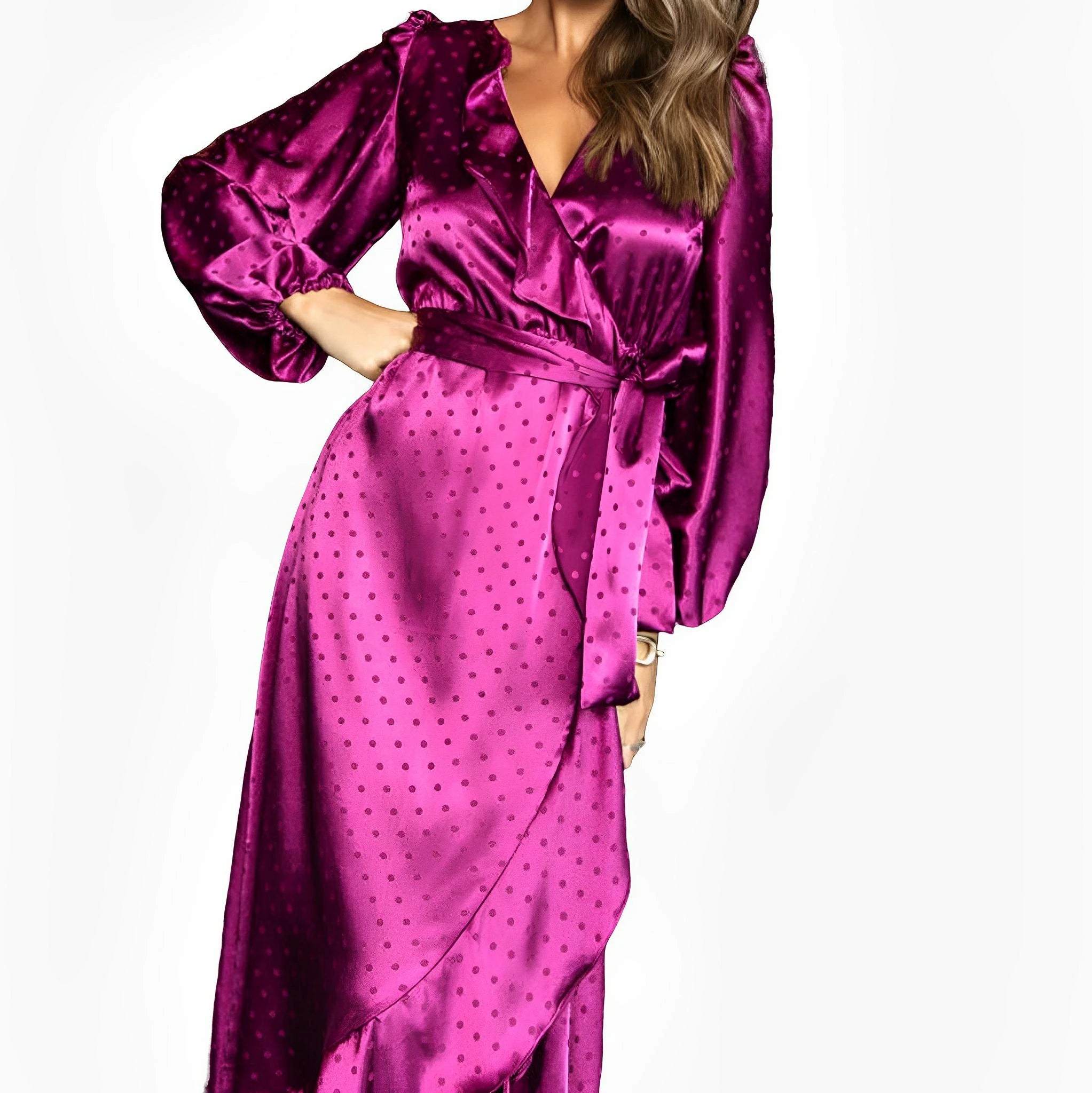 SATIN | Brazilian Luxury Fashion TON AGE TONAGE Shiny Wine Satin Jacquard Polka Dot Dress