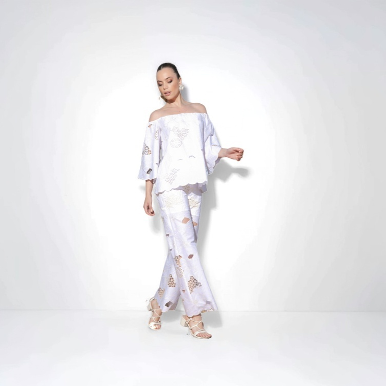 TONAGE Pants Off-white cotton fabric embroidered with beige thread