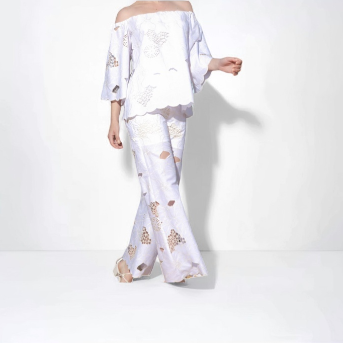 TONAGE Pants Off-white cotton fabric embroidered with beige thread
