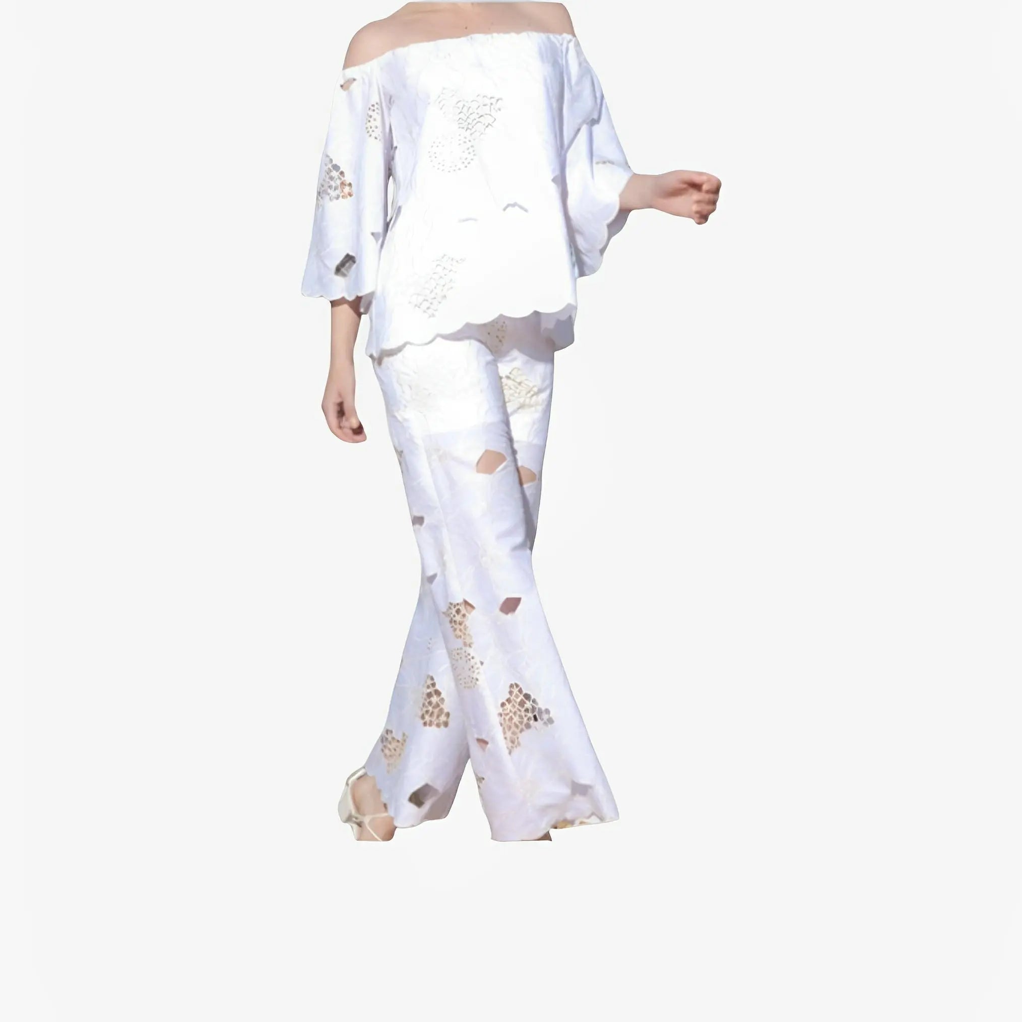 SATIN | Brazilian Luxury Fashion TONAGE TONAGE Pants Off-white cotton fabric embroidered with beige thread