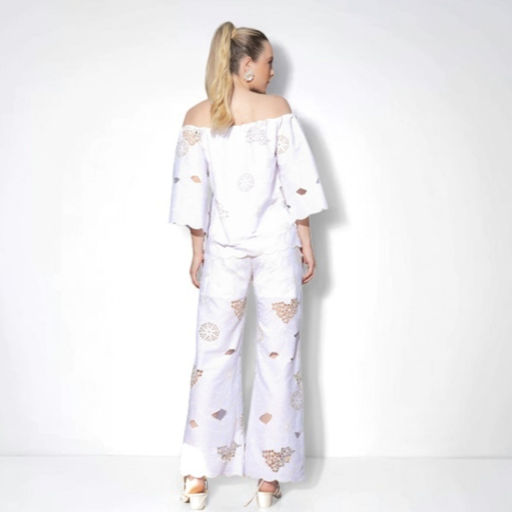 TONAGE Pants Off-white cotton fabric embroidered with beige thread
