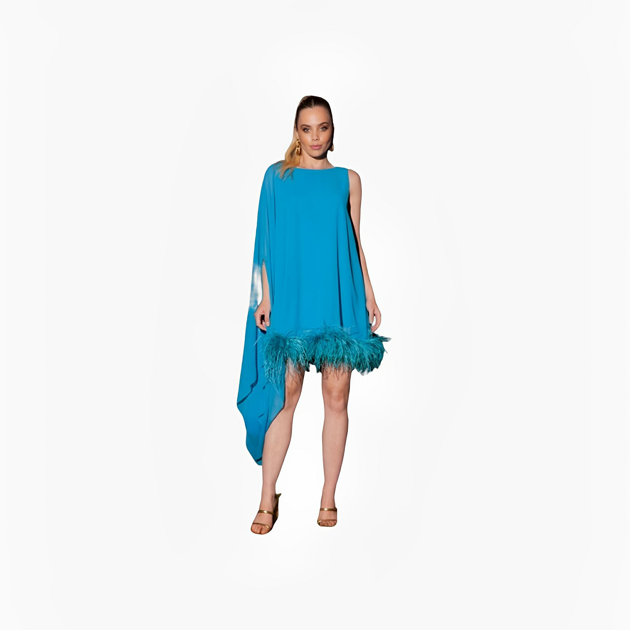 SATIN | Brazilian Luxury Fashion TONAGE TONAGE Dress Turquoise blue with feathers in same tone