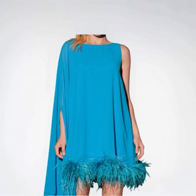 TONAGE Dress Turquoise blue with feathers in same tone
