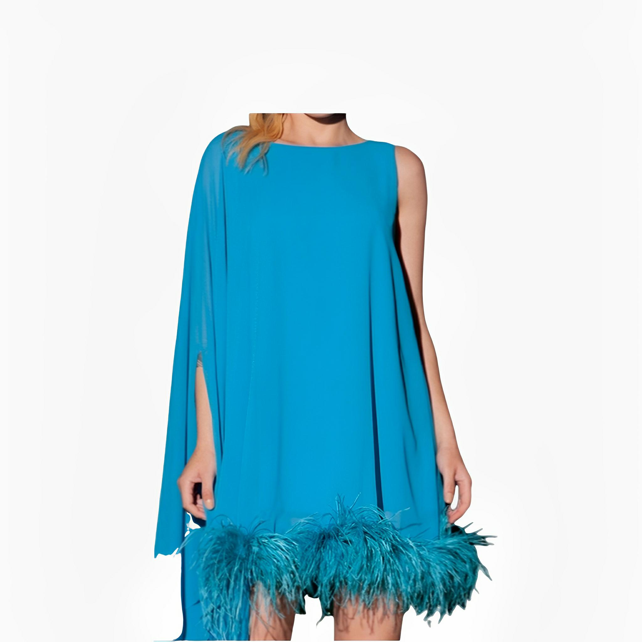 SATIN | Brazilian Luxury Fashion TONAGE TONAGE Dress Turquoise blue with feathers in same tone