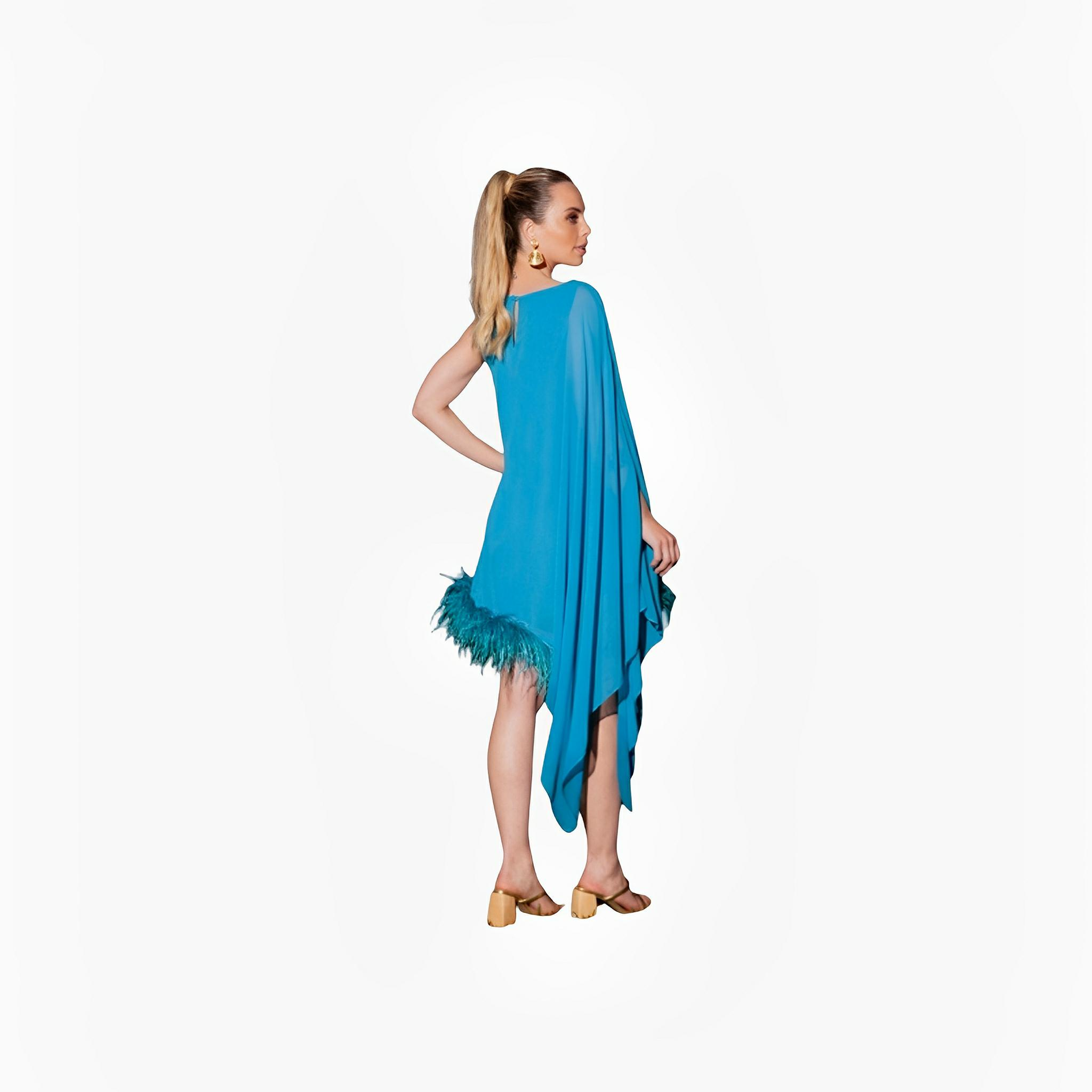 SATIN | Brazilian Luxury Fashion TONAGE TONAGE Dress Turquoise blue with feathers in same tone