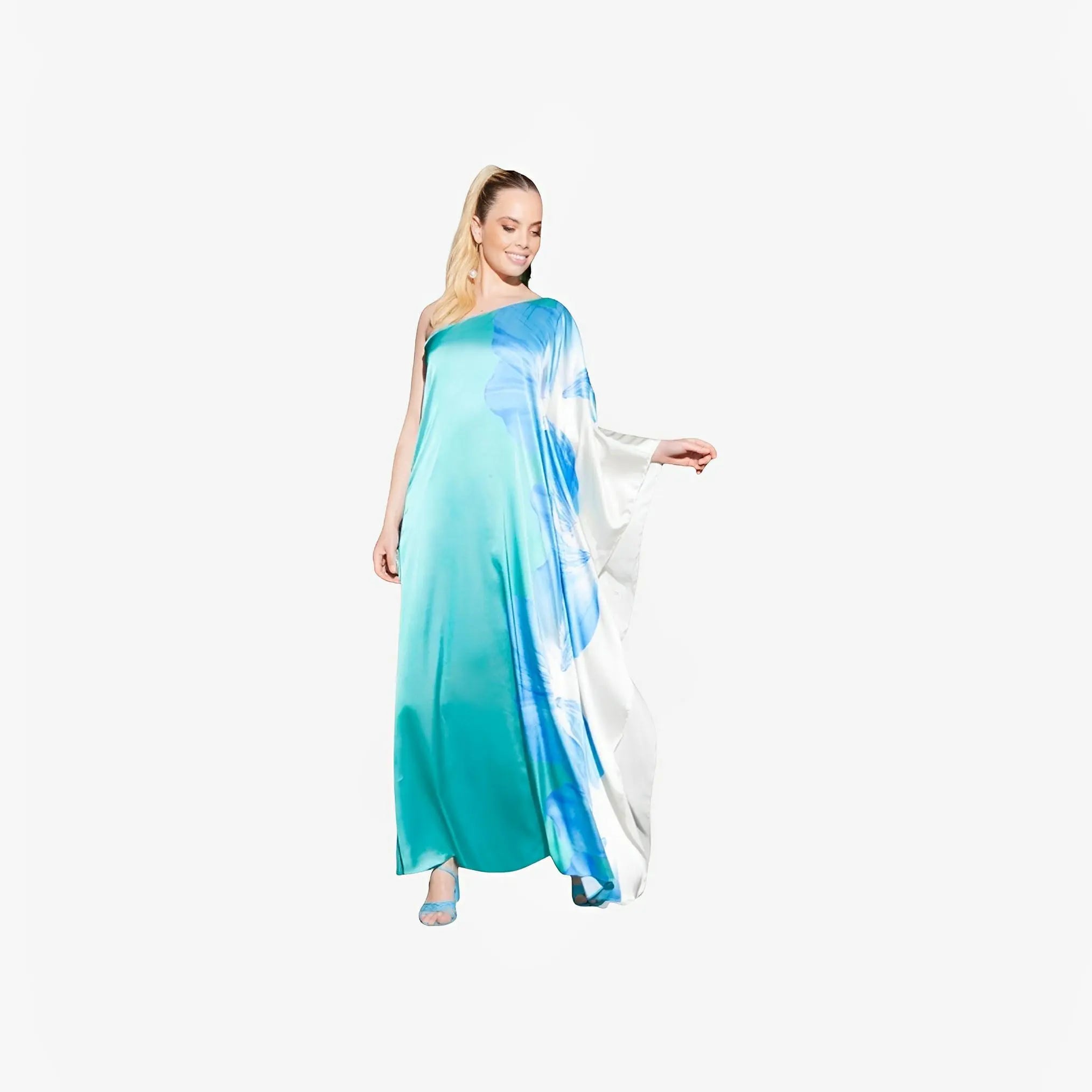 SATIN | Brazilian Luxury Fashion TONAGE TONAGE Dress Gloss silk printed with blue flower with green