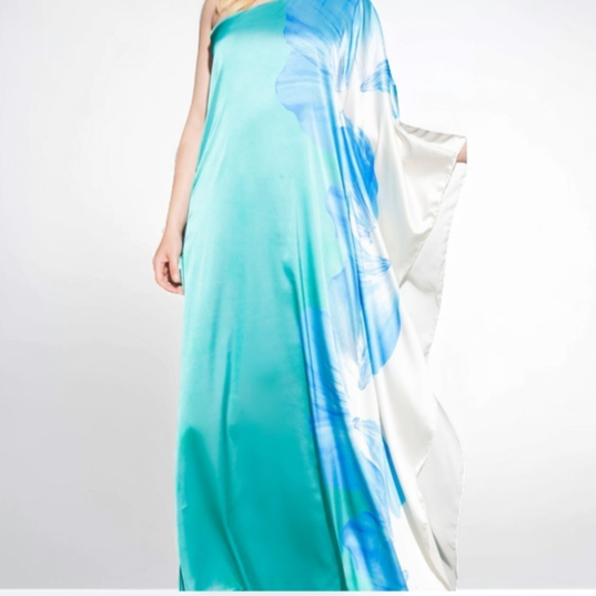 TONAGE Dress Gloss silk printed with blue flower with green