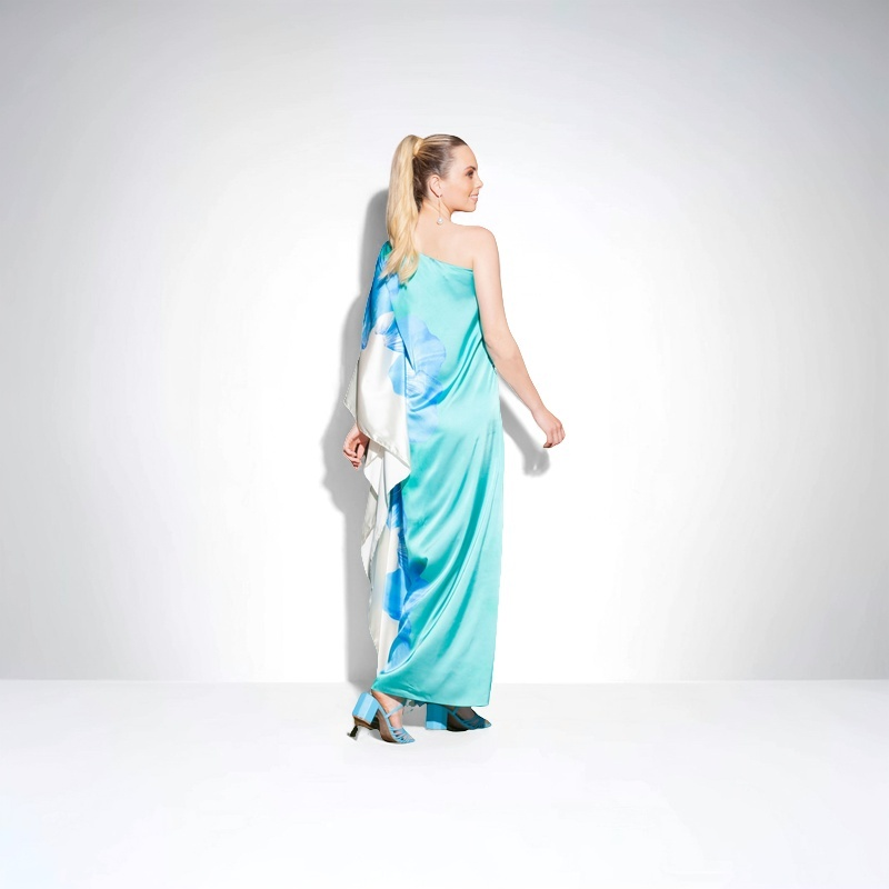 TONAGE Dress Gloss silk printed with blue flower with green
