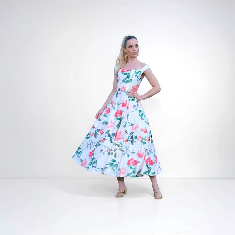 TONAGE Dress Rose print and off-white background