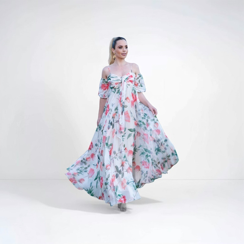 TONAGE Long Dress Rose print with off-white background