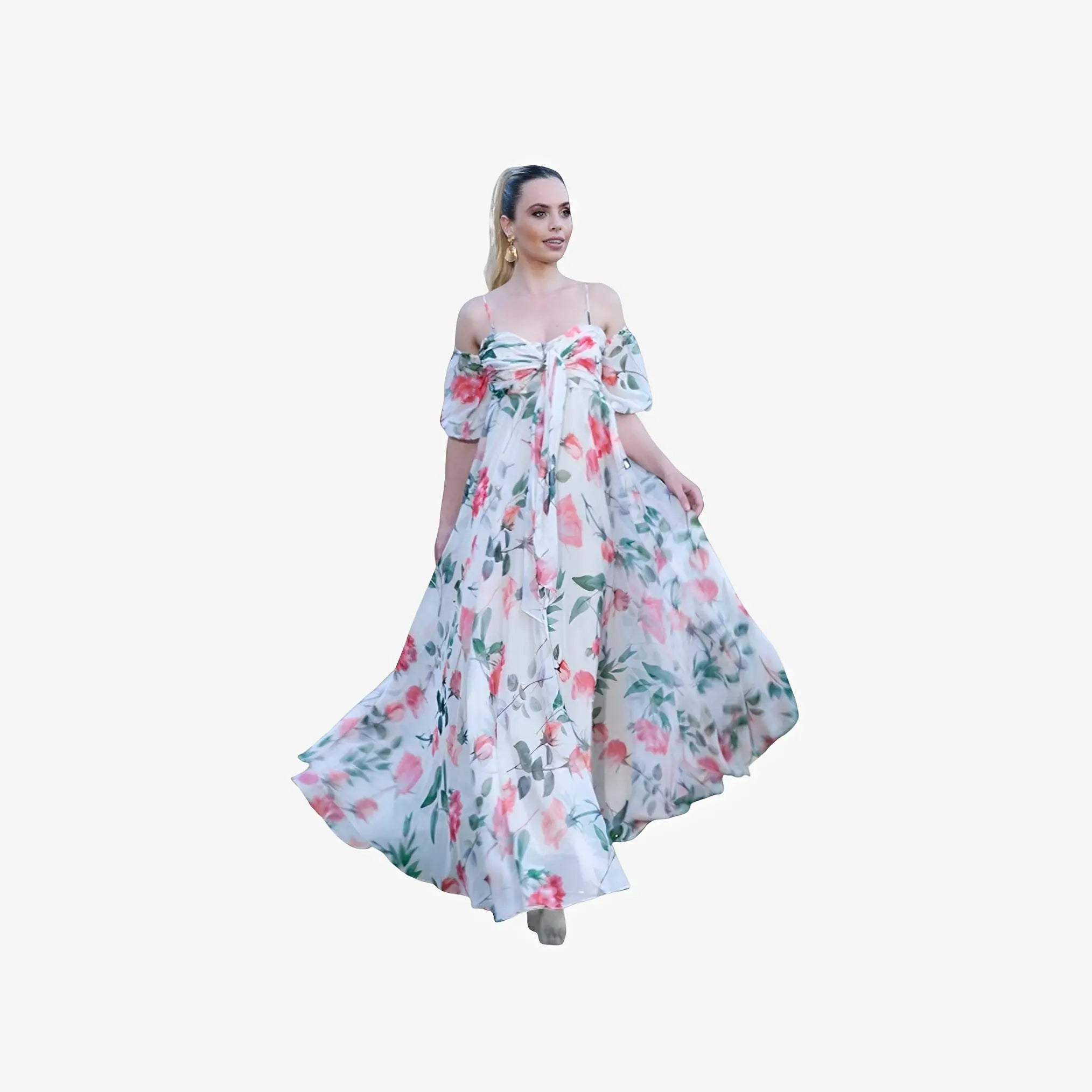 SATIN | Brazilian Luxury Fashion TONAGE TONAGE Long Dress Rose print with off-white background