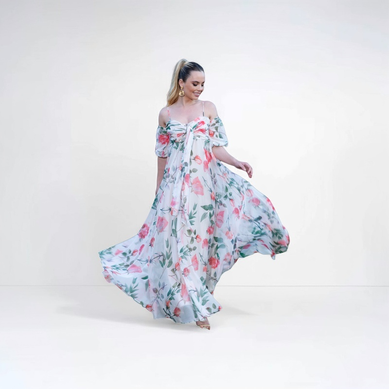 TONAGE Long Dress Rose print with off-white background