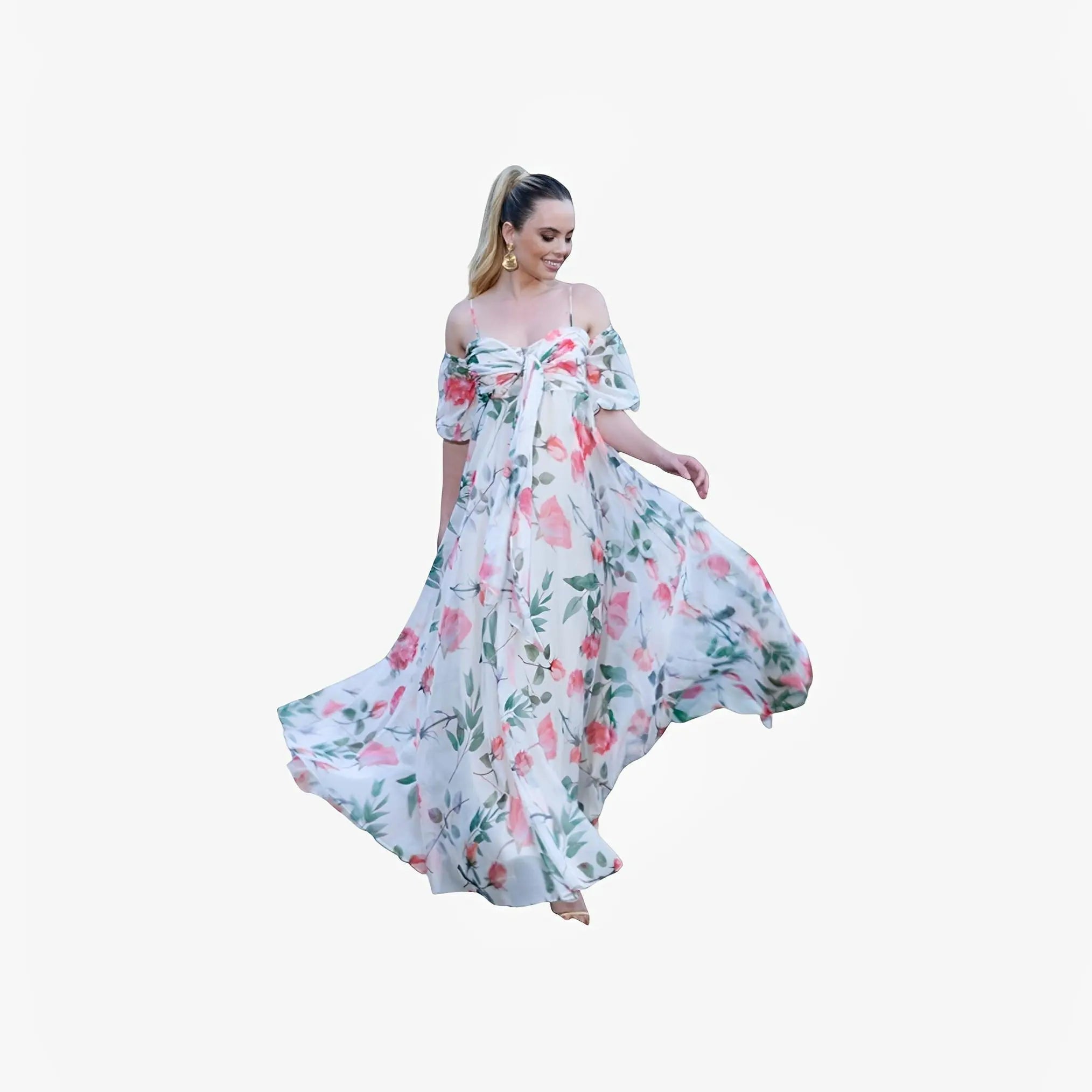 SATIN | Brazilian Luxury Fashion TONAGE TONAGE Long Dress Rose print with off-white background