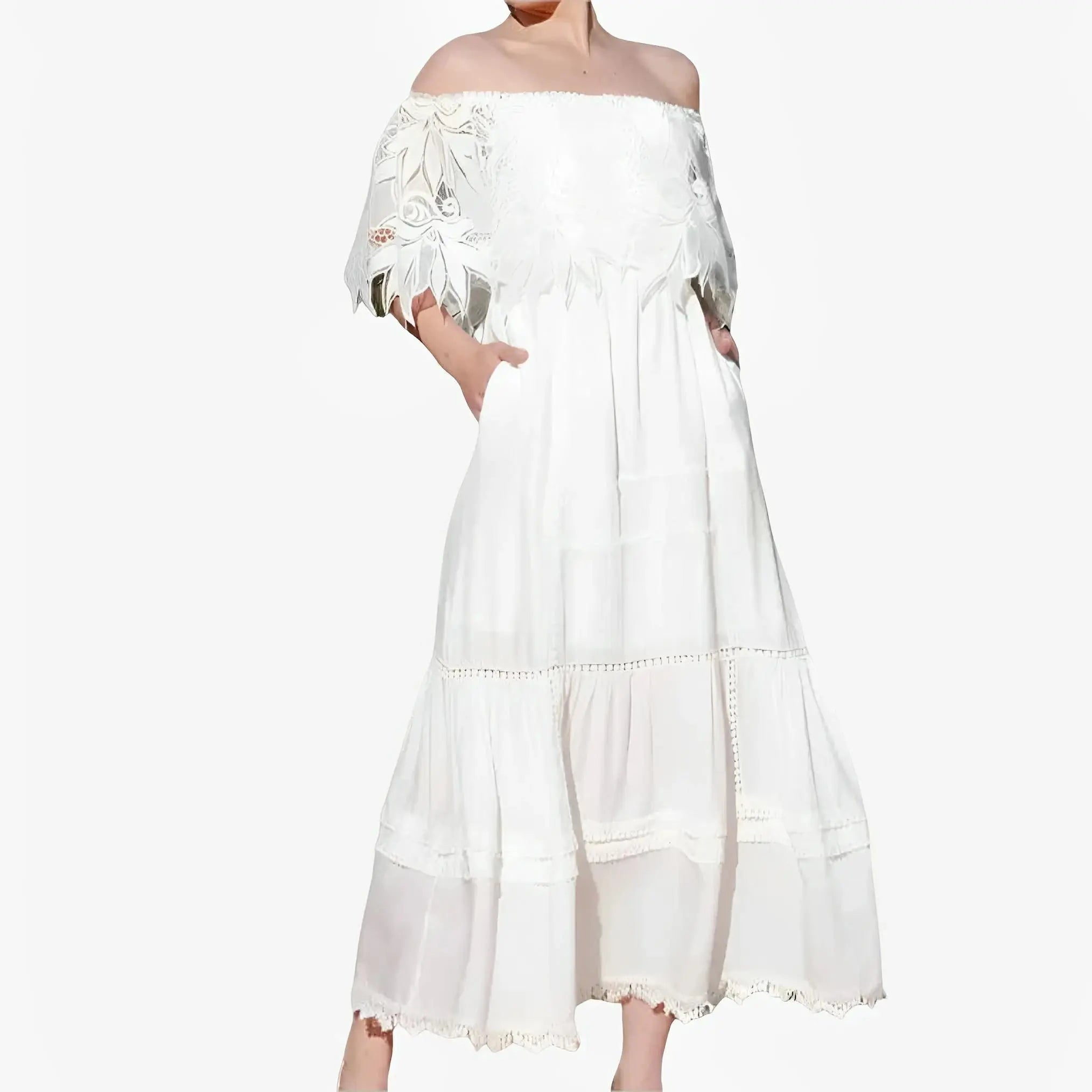 SATIN | Brazilian Luxury Fashion TONAGE TONAGE Off-white garden lace off-shoulder midi dress.